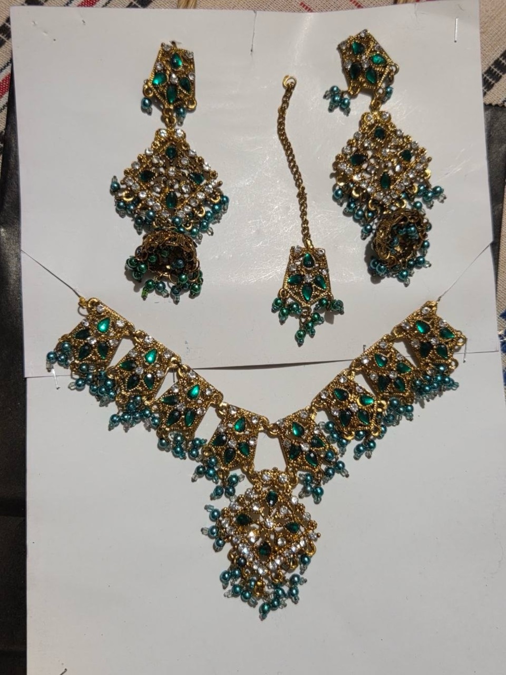 Gold-tone Necklace and Earring Set with Teal Stones - Womens Jewelry